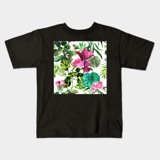 Seamless tropical flower, plant and leaf pattern background Kids T-Shirt